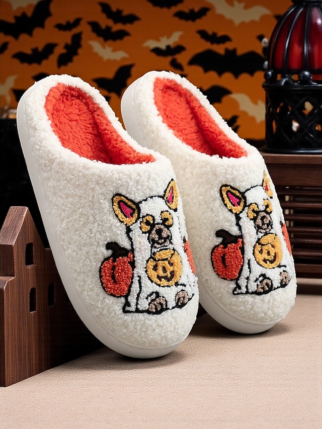  Chaussons unisexes en polaire brodés pour chien d'Halloween – chaussures d'intérieur confortables avec motif citrouille pour femmes et hommes