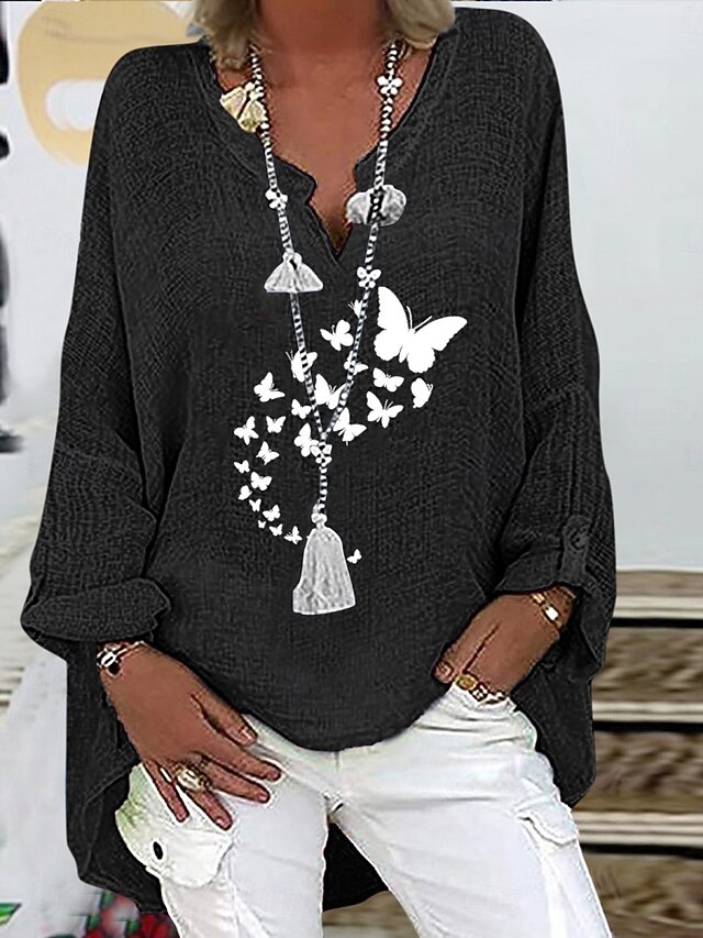 Women's Cotton Shirts Butterfly Basic Casual Long Sleeve V Neck Regular Tops Daily Print Black Navy Blue Sky Blue Summer Spring Fall4