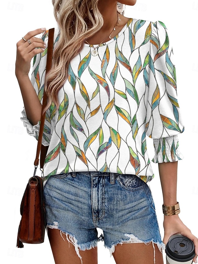 Femmes Chemisier Fleuri Feuille Tropical Élégant Occasionnel manche longue Col ras du cou Hauts Réguliers Quotidien Imprimé Jaune Vert Claire Rose Claire bleu marine Bleu Été Printemps Automne