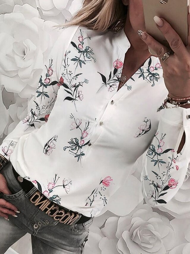 Women's Shirt Floral Stylish Casual Beach Long Sleeve V Neck Regular Tops Daily Pocket Buttons Print Black And White Black White Pink Red Summer Spring Fall3