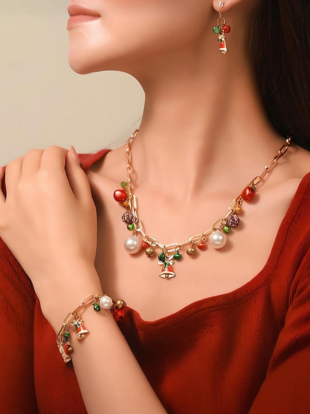  Conjunto de joias com pingentes de Natal para mulheres - colar de corrente de ouro, pulseira e brincos com sino festivo e pingentes de pérola, acessórios elegantes para festas de fim de ano para