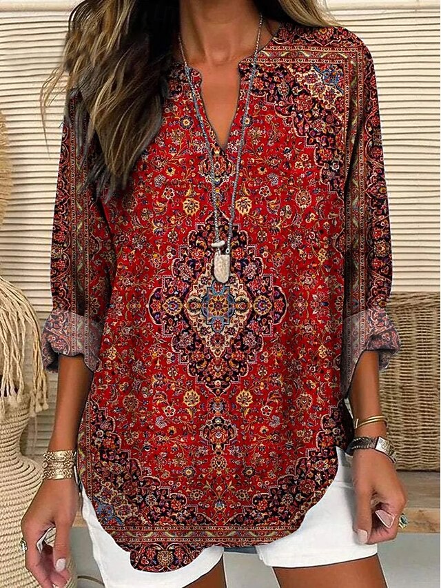 Women's Blouse Tunic V Neck Long Sleeve Boho Casual Graphic Paisley Vintage Tropical Regular Tops Daily Wear Print Red Blue Green4