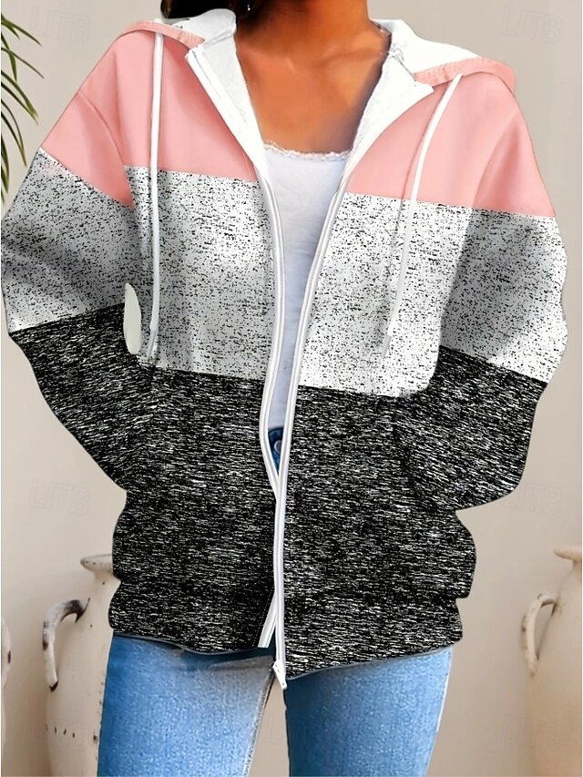 Women's Hooded Sweatshirt Jacket Long Sleeve Zip Up Hoodie With Pocket Lightweight Casual Micro-elastic Graphic Geometric Striped Fashion Street Dailywear Pocket Print Pink Spring Fall3
