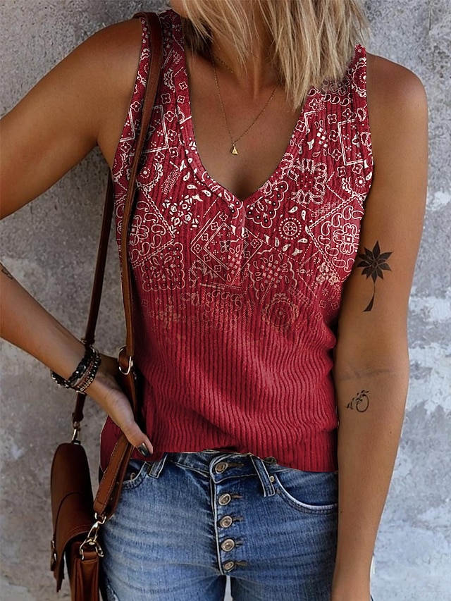  Dame Camisole Tank Top Grafisk Geometrisk Bohem Årgang Tropisk Ermeløs V-hals Vanlige topper Daglig Trykt mønster Lysegrønn Rød Blå Kakifarget Regnbue Sommer Vår