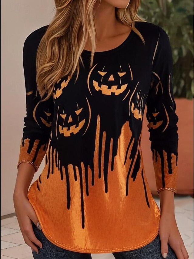  Halloween Damen Bluse Grafik Halloween Lässig Langarm Rundhalsausschnitt Normale Oberteile Täglich Druck Schwarz Orange Sommer Frühling MOM