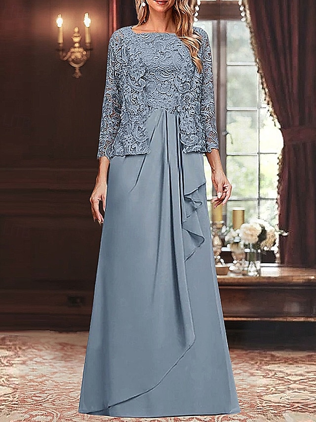  Tweedelig A-lijn Moeder van de bruid jurk Elegant Eenvoudig minimalistische Vierkante hals Tot de grond Chiffon Geribd kant Mouwloos 3/4 mouw met Plooien Ruches Gelaagde ruches 2025