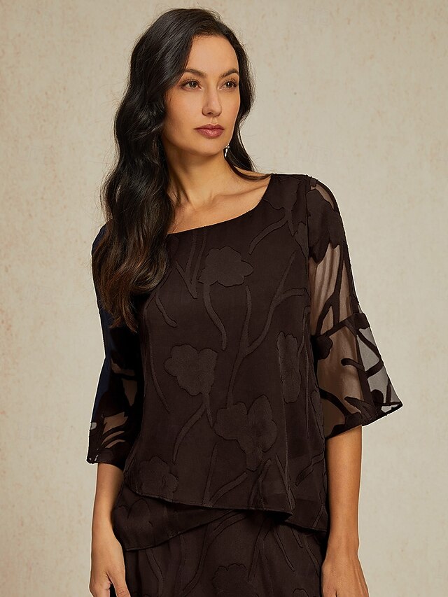 Women's Lace Shirt Blouse Dressy Tops Chiffon Tops Solid Color Floral Flower Elegant Stylish 3/4 Length Sleeve Bell Sleeve Square Neck Boat Neck Regular Tops Wedding Guest Work Daily Asymmetric Hem4