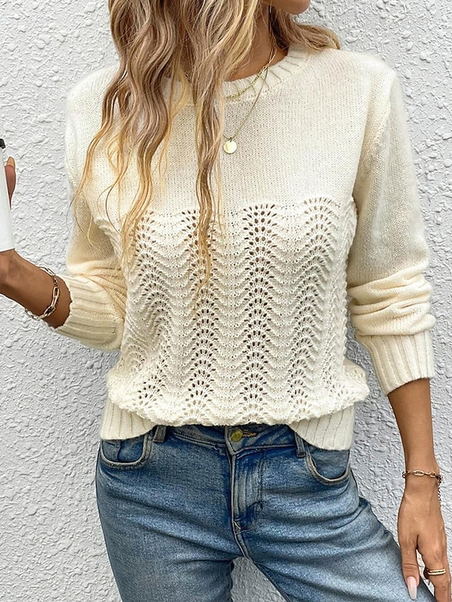  Damen Pullover Täglich Stilvoll Lässig Einfarbig Gerippt Rundhalsausschnitt Gestrickt Langarm Normale Oberteile Stricken Täglich Ferien Ausgehen Aprikose Frühling Herbst