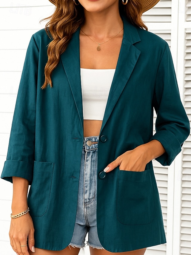  Damen-Blazer aus Baumwollleinen, bequem, atmungsaktiv, Tasche, lässig, einfarbig, fürs Büro, Straße, lässig, Alltagskleidung, einreihig, normal, Umlegekragen, normale Passform, langärmelig, Oberbekleidung, weiß, grün, beige, Sommer
