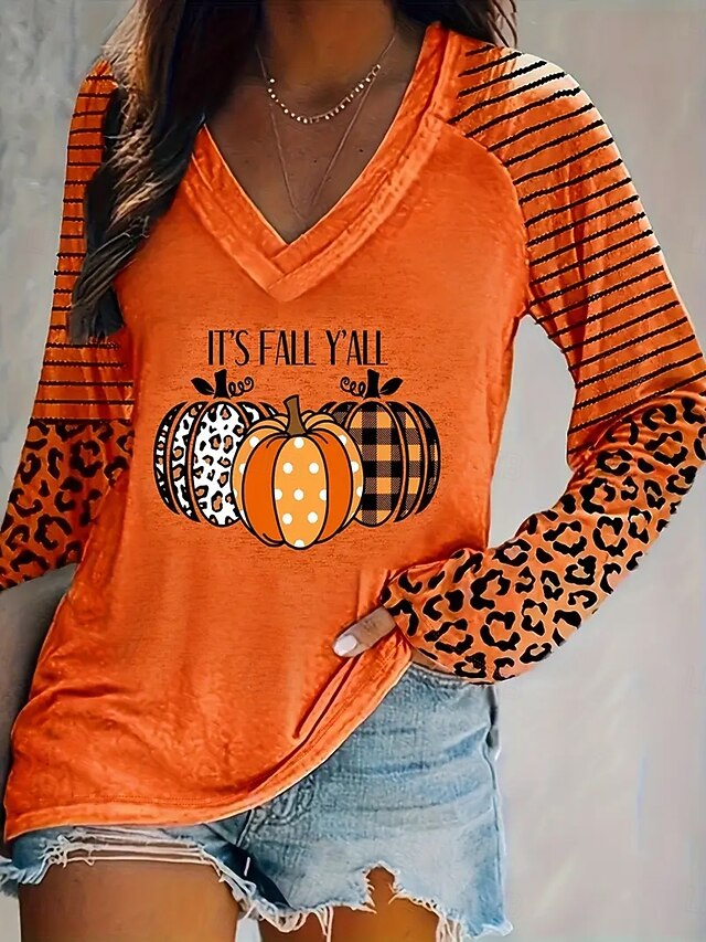 Halloween Women's T shirt Pumpkin Long Sleeve V Neck Long Sleeve Graphic Casual Flag Elegant Vintage Stylish Regular Tops Daily Going out Weekend Print Orange Spring Fall Prefall4