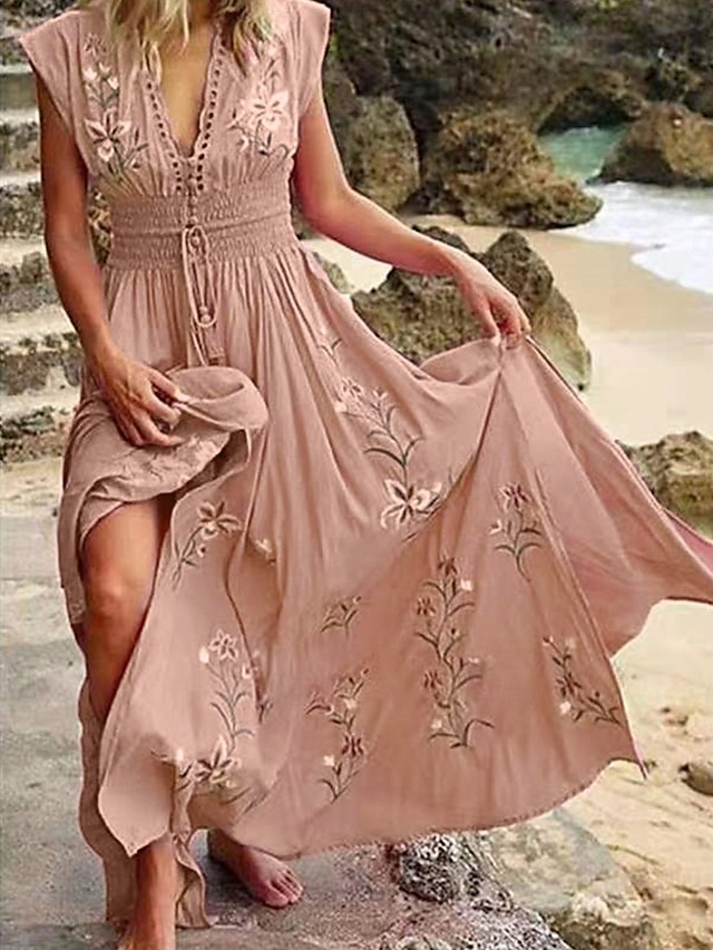  rochie midi pentru femei boem cu decolteu în V broderie florală talie elastică șnur cu mânecă scurtă vacanță la plajă roz confortabil potrivire regulată îmbrăcăminte ocazională de vară