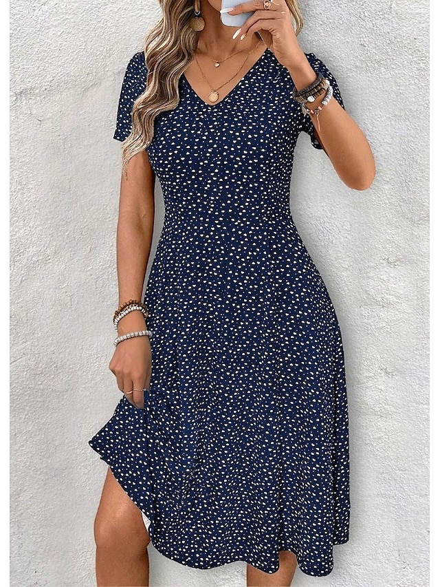  Femmes Robe Midi Robe T-Shirt Robe d'Été Robe trapèze Vacances Occasionnel Chaussures de plage Sortir Plage Coupe régulière Fleuri Graphique À pois Manche Courte Col en V Bleu Ciel Fuchsia Bleu de