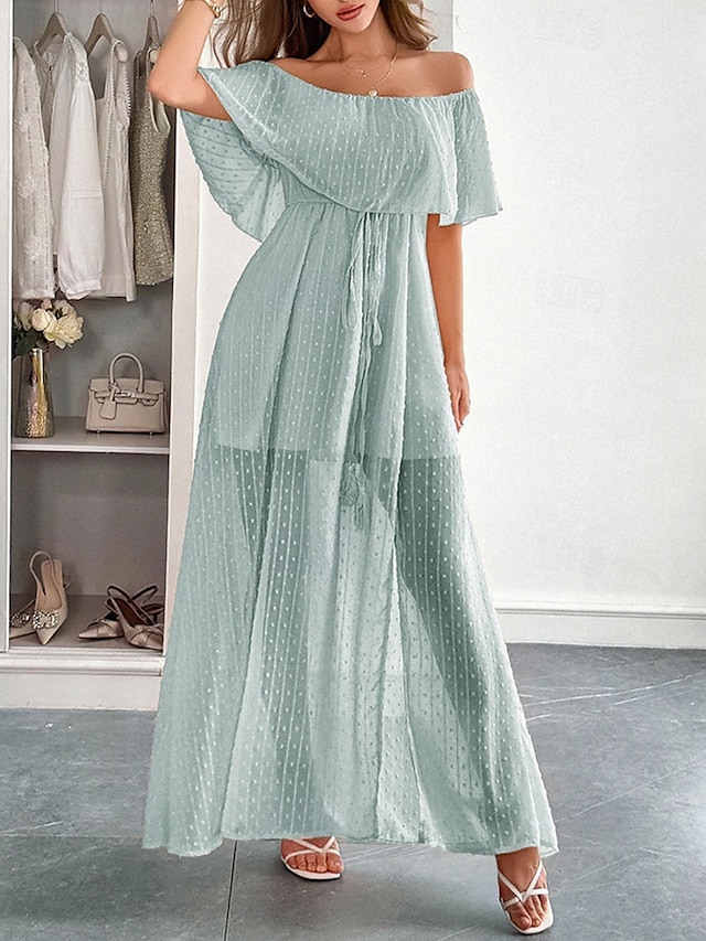  Femmes Robe Longue Maxi Robe Robe Décontractée Robe d'été Mode Moderne Quotidien Plage Week-end Coupe régulière Uni Manche Courte Épaules Dénudées Vert Été Printemps