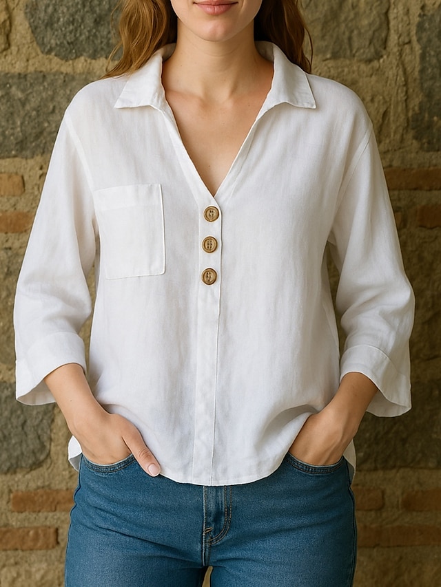  Femmes Chemises en coton et lin Uni Basique Moderne Manche 3/4 Col de chemise Hauts Réguliers Quotidien Avec Poches Boutons Blanche Jaune Rose Claire Bleu Ciel Été Printemps Automne