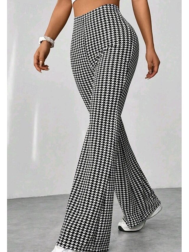 Women's Asian Size Flared Pants Streetwear Casual / Sporty Full Length High Rise Grid / Plaid High Cut Outdoor Micro-elastic Street Casual Daily Black and White Spring, Fall, Winter, Summer4