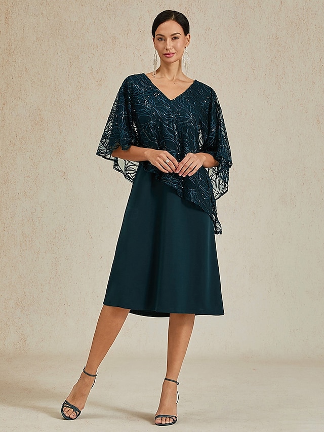  Dámské Délka čaje Formální šaty Áčkové šaty Plášťové šaty Elegantní Svatební Svatební host Koktejlový večírek Běžný Bez vzoru Poloviční rukáv Do V Tmavě zelená Léto Jaro Podzim