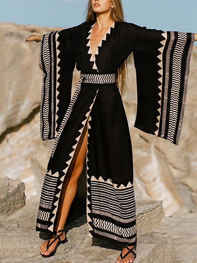  Langes Damenkleid Maxikleid Boho-Kleid Freizeitkleid Swing-Kleid Sommerkleid Vintage Urlaub Alltag Strand Regular Fit Geometrisch 3/4-Ärmel V-Ausschnitt Schwarz Sommer Frühling Herbst