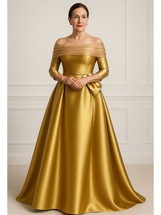  goldenes A-Linien-Abendkleid, elegantes Kleid für formelle Hochzeitsgäste, bodenlang, 3/4-Ärmel, schulterfrei, Tasche, Satin mit Schleife(n) 2025