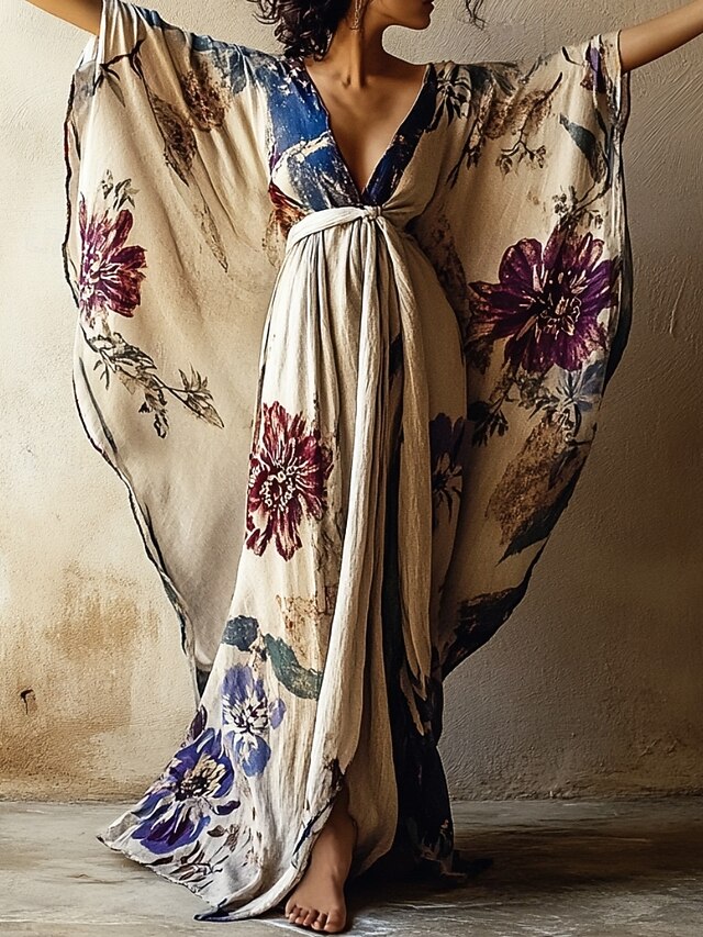 Women's Long Dress Maxi Dress Boho Dress Casual Dress Swing Dress Summer Dress Vintage Vacation Daily Beach Regular Fit Floral 3/4 Length Sleeve V Neck Khaki Summer Spring Fall4