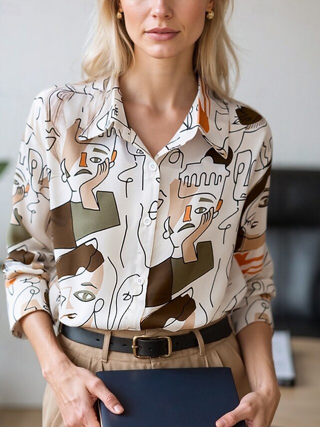 Women's Blouse Dressy Tops Chiffon Tops Color Block Star Elegant Daily Stylish Long Sleeve Shirt Collar Regular Tops Work Daily Buttons Print Black White Orange Beige Spring, Fall, Winter, Summer4