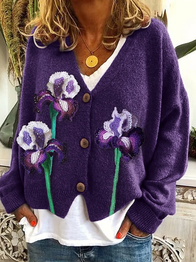  Dame Bluse Cardigan Mode Gade Daglig Blomstret Rillet Åben Front Strikket Trykt mønster Langærmet Lange toppe Strikke Ferie I-byen-tøj Weekend Gul Blå Efterår Vinter