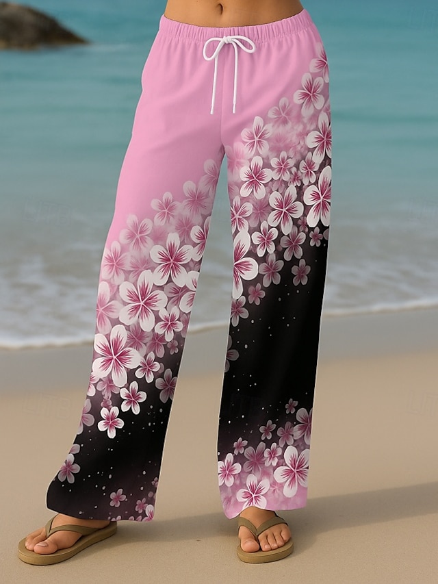  Femmes Culottes Jambe Large Vacances ancien Style Ethnique Longueur complète Taille haute Fleuri Graphique Séchage Rapide Respirabilité Doux Non Elastique Formel Extérieur Vacances Jaune Rose Claire