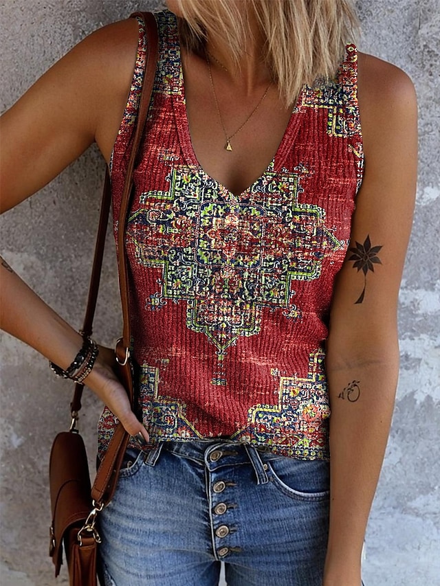  Per donna Canotta a canotta Grafico Geometrico Astratto Bohemien Vintage Elegante Senza Maniche Scollo a V Top Regolari Quotidiano Stampato Bianco Giallo Rosso Blu Arancione Estate Primavera