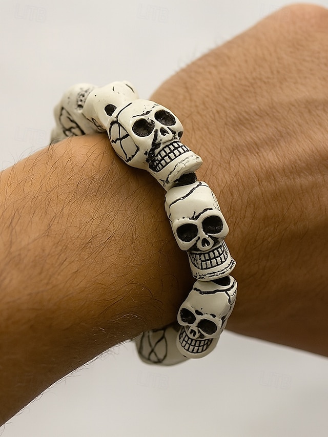  Pulseira masculina de contas de caveira de Halloween – pulseira punk gótica de resina elástica para festas, cosplay e fantasias