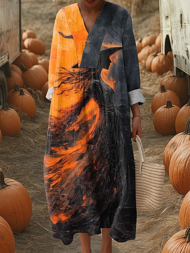 Halloween Women's Witch Print Midi Dress V Neck Long Sleeve Kaftan Lightweight Loose Fit A Line Dress Casual Boho Going out Graphic Long Sleeve V Neck Blue Orange Green Fall4