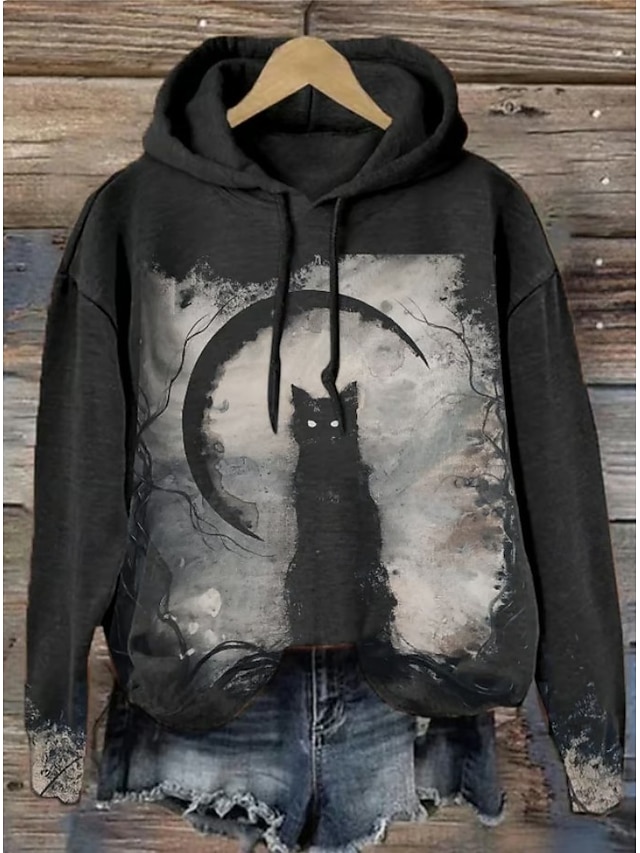  Sudadera con capucha para mujer tipo pullover oversized de manga larga estilo casual gráfica de gato impresión de moda top con capucha regular ropa de calle uso diario cordón impresión negro naranja