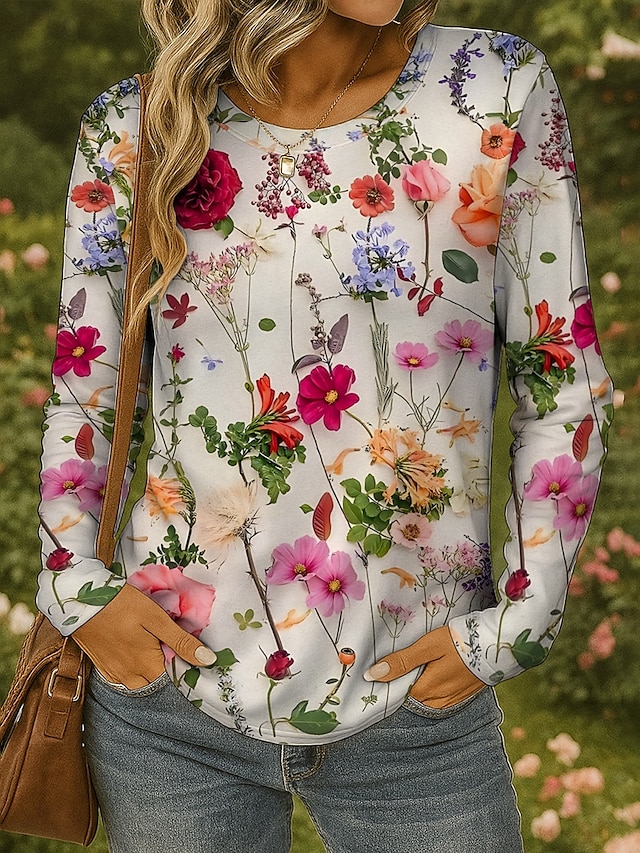  Pentru femei Tricou Floral Grafic Plante Epocă Stilat Clasic Manșon Lung Stil Nautic Rotund Topuri obișnuite Zilnic Imprimeu Galben Roșu-aprins Albastru piscină Mov Trifoi Vară Primăvară Toamnă