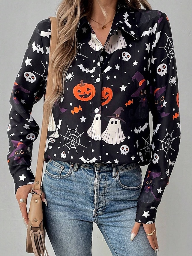  Halloween Women's Shirt Graphic Pumpkin Ghost Elegant Vintage Tropical Long Sleeve Bishop Sleeve Shirt Collar Regular Tops Daily Holiday Print Black Orange Summer Spring Fall