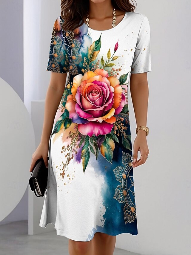 Women's Elegant Party Evening Midi Dress Crew Neck Short Sleeve Shift Dress Summer Dress Casual Daily Regular Fit Floral Graphic Blue Purple Green Summer Spring4