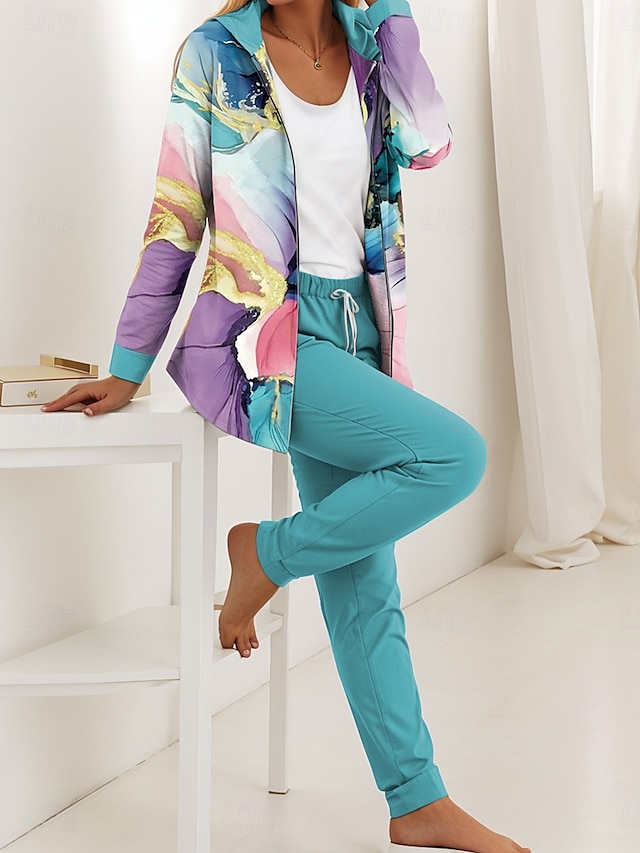  Conjuntos de sudadera de 2 piezas para mujer sudaderas con capucha manga larga cuello redondo diario gráfica abstracta cremallera estampado con cordón casual rosa púrpura verde otoño ajuste regular