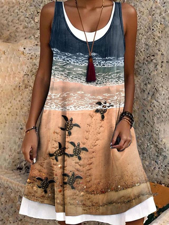  Dam Mini klänning Solklänning A linjeklänning Off Shoulder Klänning Semester Ledigt Boho Dagligen Normal Grafisk Djur Ärmlös Rund hals Blå Purpur Brun Grön Sommar Vår Höst