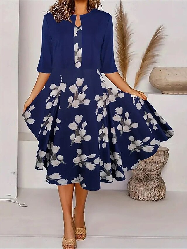 Women's Two Piece Dress Sets Midi Dress with Jacket Elegant A Line Dress Half Sleeve Casual Semi Formal Floral Graphic Print Crew Neck Date Navy Blue Regular Fit4
