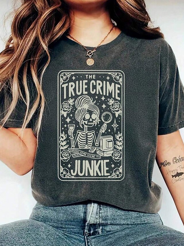 Halloween Women's T Shirt Graphic Skull Ghost Vintage Stylish Classic Short Sleeve Crew Neck Round Neck Regular Tops Daily Weekend Print Black and gray Summer Spring Fall4