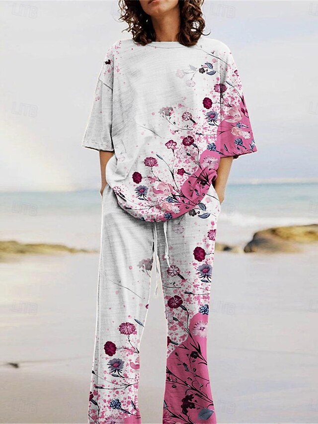 Women's Active Fashion Pants Sets 3/4 Length Sleeve Crew Neck Floral Print Vacation Daily Holiday Purple Summer Regular Fit4