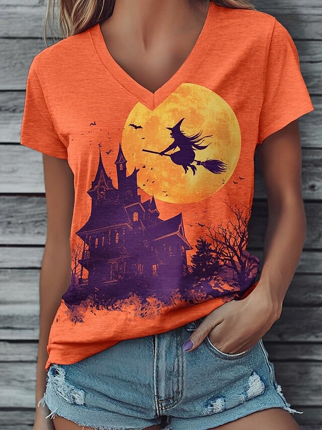 Halloween Women's T shirt Witch Graphic Plants Vintage Stylish Casual Short Sleeve V Neck Regular Tops Daily Print Orange Summer Spring Fall4