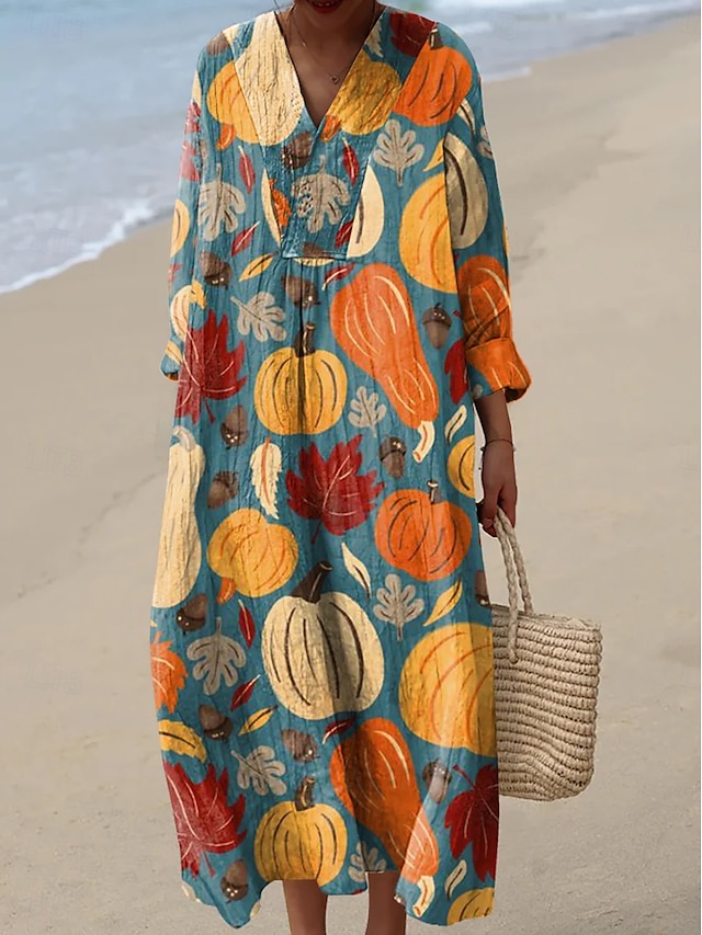  Vestito lungo da donna per Halloween, estivo, a trapezio, per vacanze, casual, stile boho, per uscire, in spiaggia, floreale, grafico, manica lunga, scollo a V, rosa, blu, bianco sporco, estate,