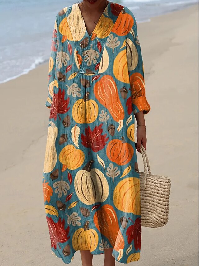 Halloween Women's Pumpkin Print Midi Dress V Neck Long Sleeve Kaftan Lightweight Loose Fit A Line Dress Casual Boho Going out Floral Graphic Long Sleeve V Neck Pink Blue off-white Fall4