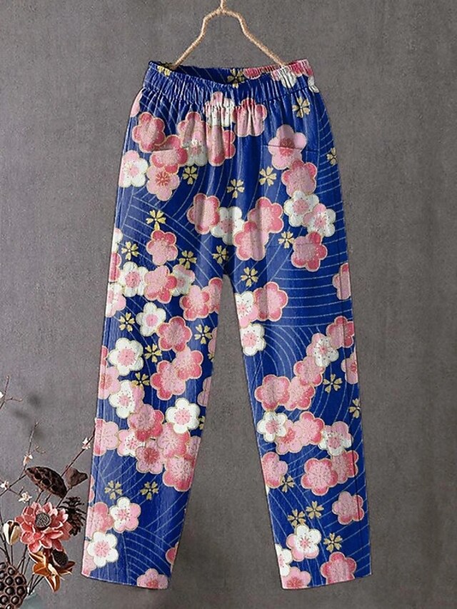 Women's Slacks Vacation Vintage Ethnic Style Ankle-Length High Waist Floral Graphic Pocket Comfy Breathability Lightweight Inelastic Outdoor Vacation Causal Blue Purple Green Summer Spring Loose Fit4