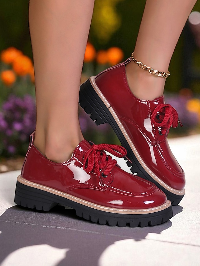  Women's Red Patent Leather Oxford Shoes – Chunky Sole Lace-Up Flats for Daily Wear, School & Urban Street Style