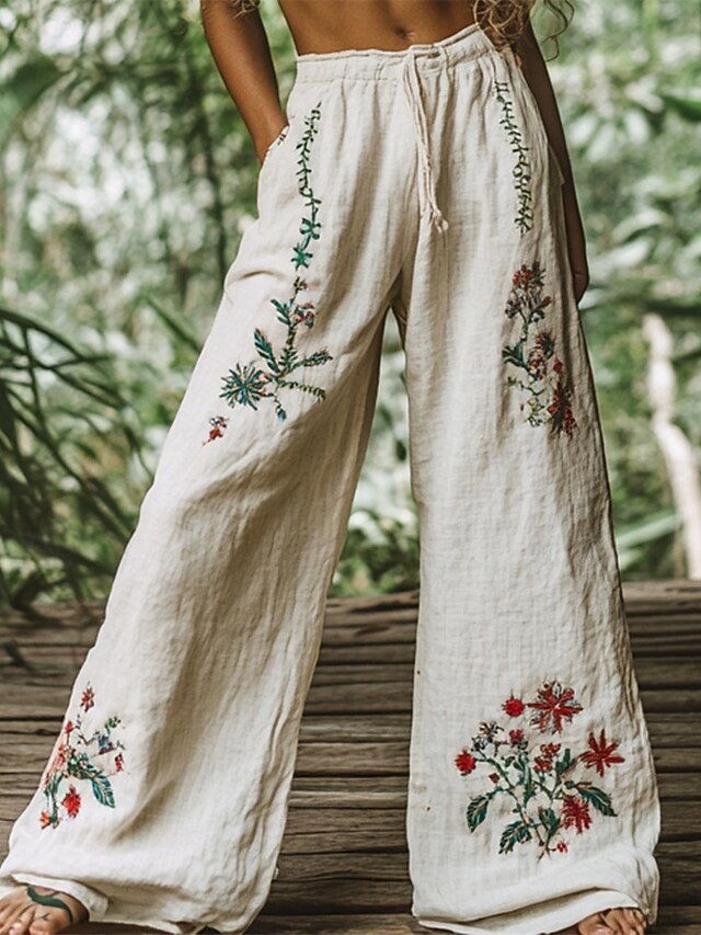 Women's Wide Leg Pants Trousers Palazzo Pants Casual Boho Full Length High Waist Flower Elastic Waist Drawstring Print Breathability Comfortable Street Daily Wear Going out White Spring Fall Regular4