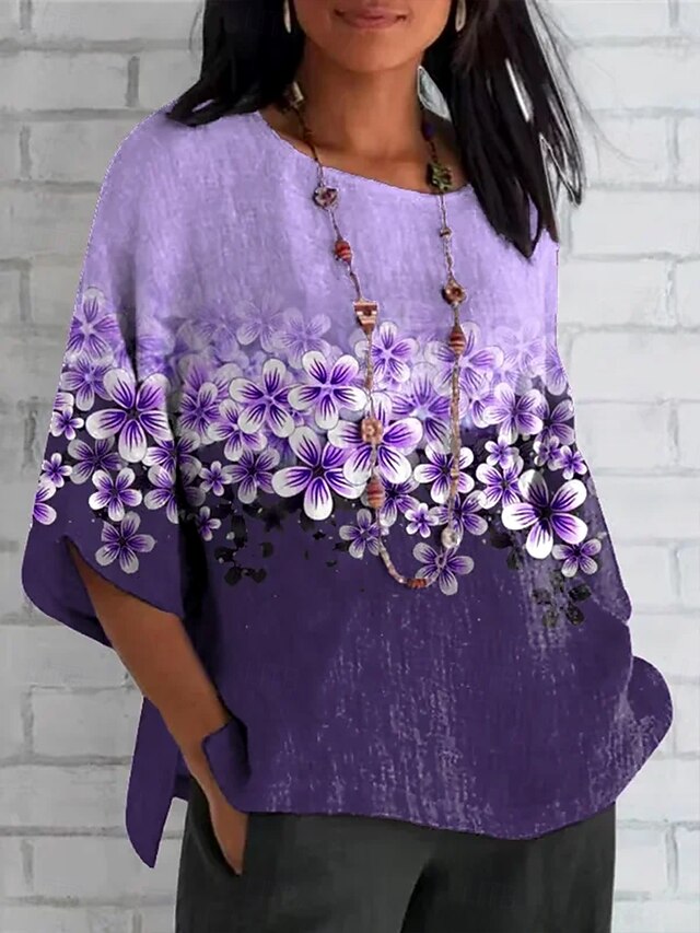 Women's T Shirt Floral Graphic Plants Vintage Classic Casual Half Sleeve Crew Neck Regular Tops Daily Weekend Beach Wear Print Violet Summer Spring Fall4