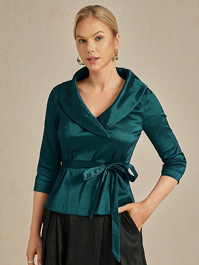  Pentru femei Bluză Topuri de seară Elegant Metalic Stilat Lungime Manșon 3/4 În V Topuri obișnuite Invitat la nunta Serată Semi formal cravata fata Verde Smarald Primăvară, toamnă, iarnă, vară