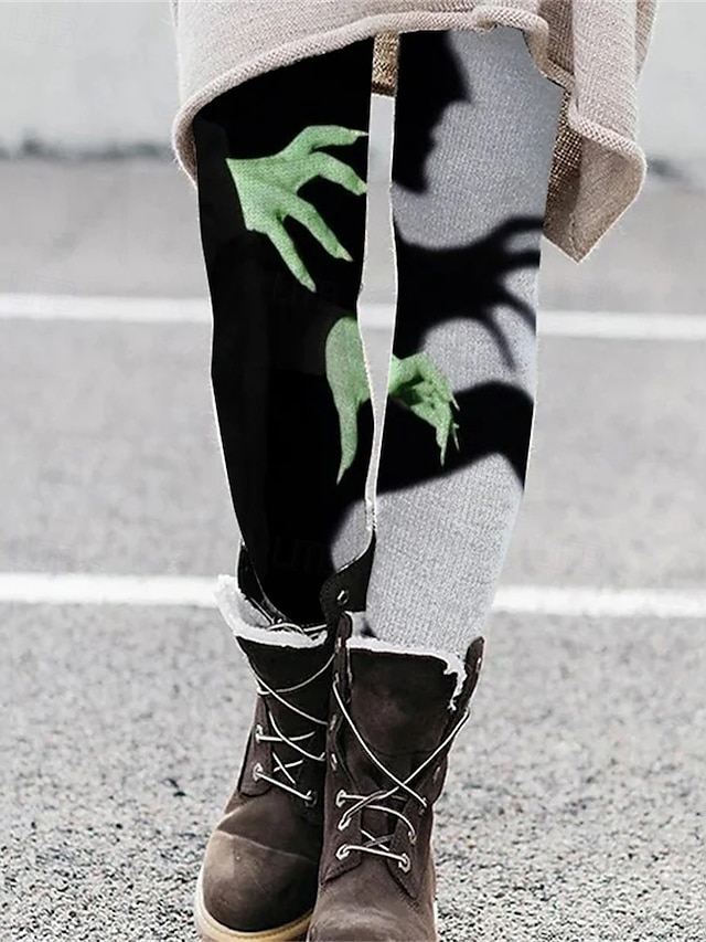  Femmes Pantalons Leggings Streetwear Occasionnel Longueur complète Taille hautePantsHalloween Main Taille Élastique Imprimé Respirabilité Confortable Élastique Vacances Rue Tenue quotidienne Noir