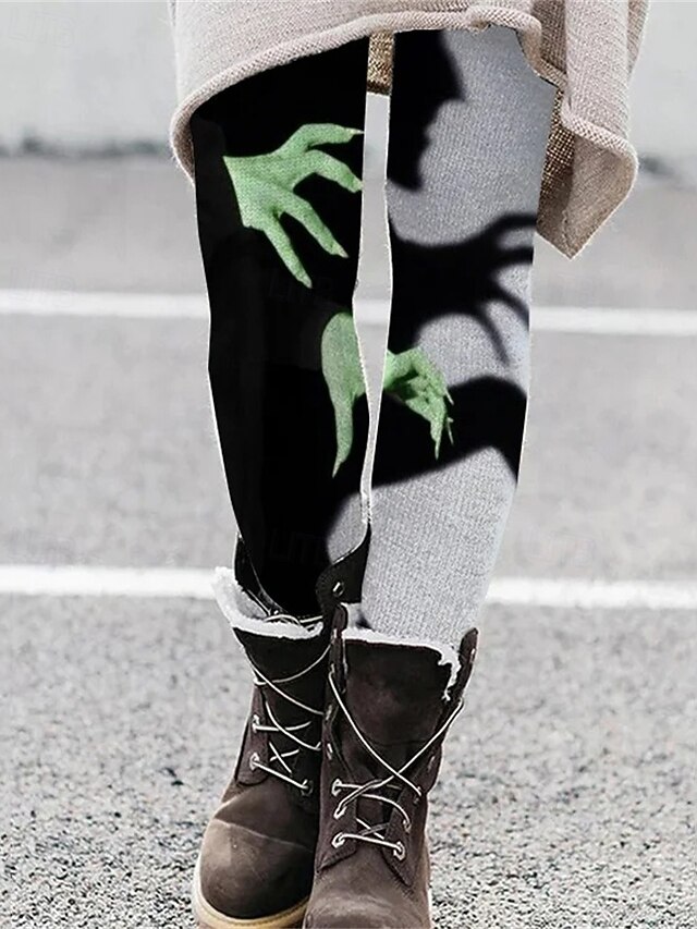 Women's Pants Trousers Leggings Streetwear Casual Full Length High WaistPantsHalloween Hand Elastic Waist Print Breathability Comfortable Stretchy Vacation Street Daily Wear Black Spring Fall Regular4