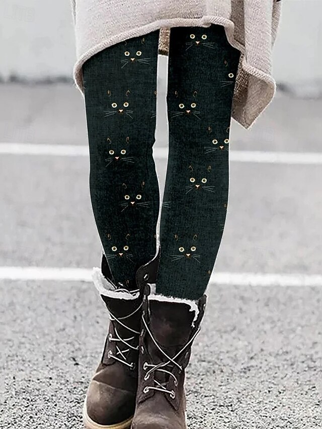 Women's Pants Trousers Leggings Cozy Leggings Streetwear Casual Full Length High Waist Cat Elastic Waist Print Breathability Comfortable Stretchy Vacation Street Daily Wear Black Pink Navy Blue4