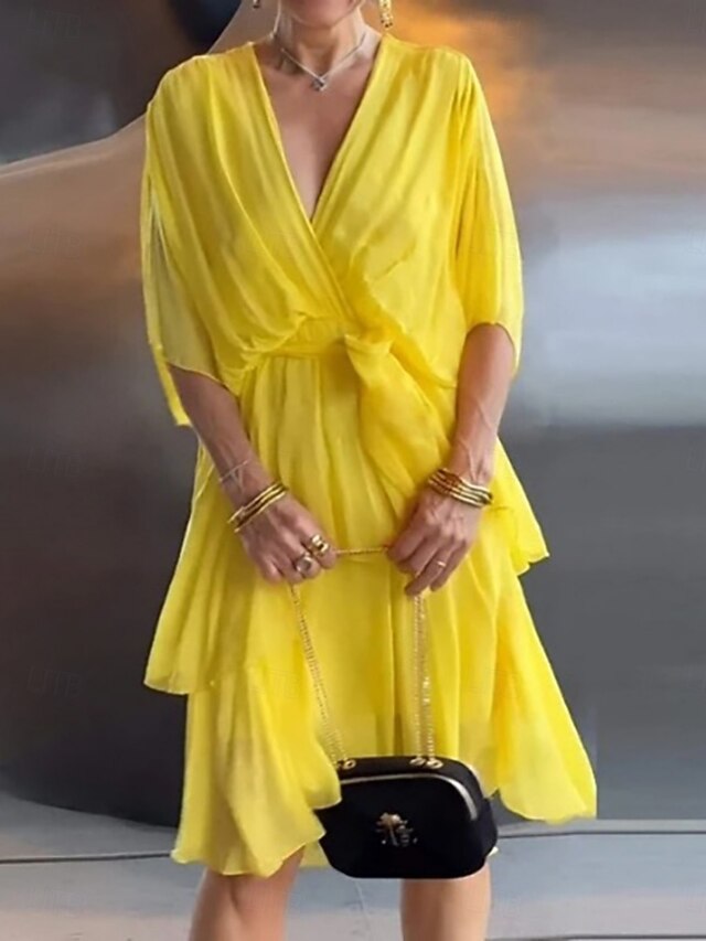 Women's Mini Dress Cocktail Dress Wedding Guest Dress Chiffon Fashion Modern Outdoor Vacation Regular Fit Plain 3/4 Length Sleeve V Neck Yellow Summer Spring Fall Autumn4